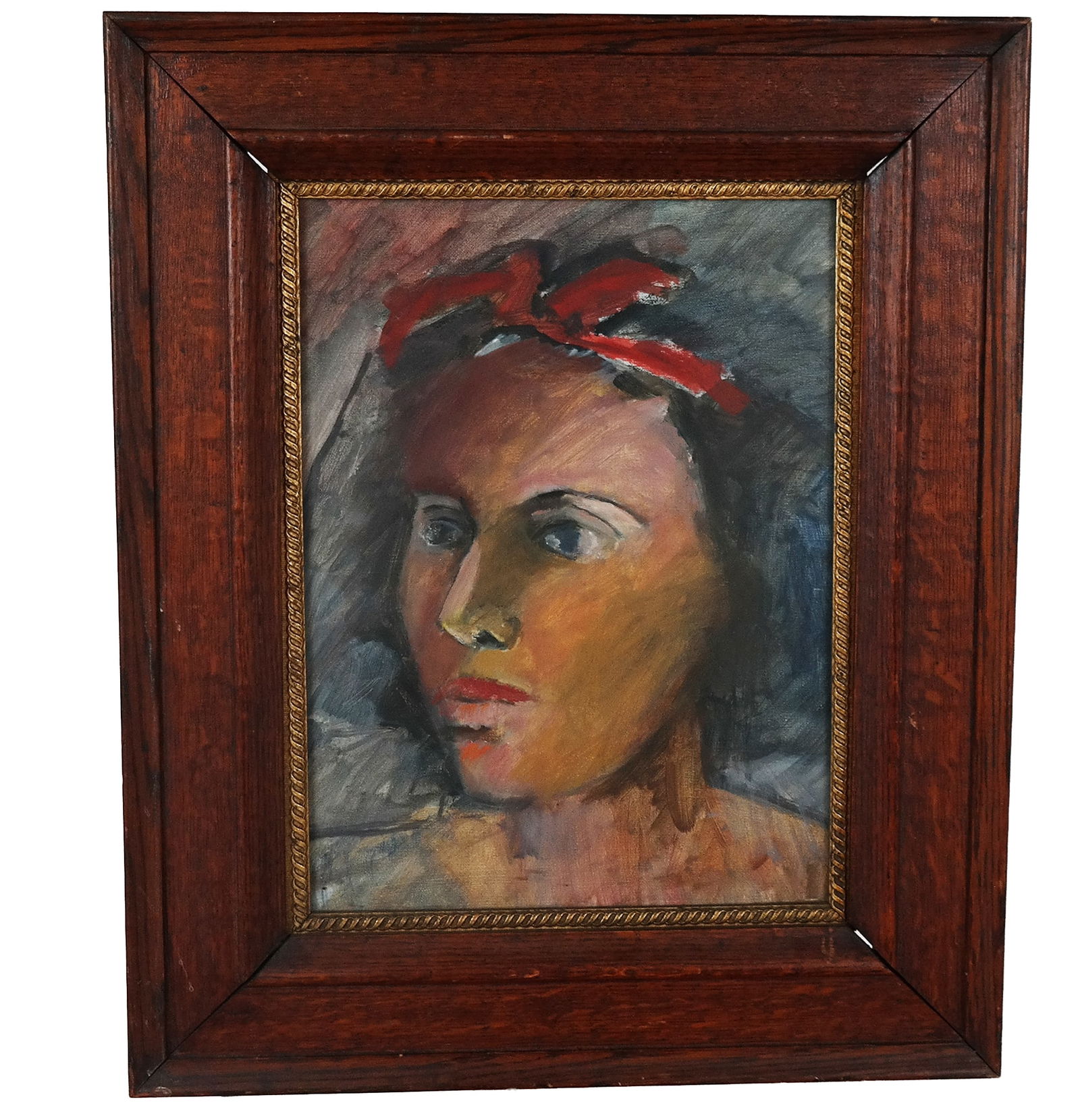 Portrait of Woman with Headband, Acrylic Painting: Acrylic/gouache portrait of a woman in a red headband, no apparent signature, 20th century, in wood frame. [Frame: 23.25" H x 19.25" W]. Overall good condition, frame with wear.