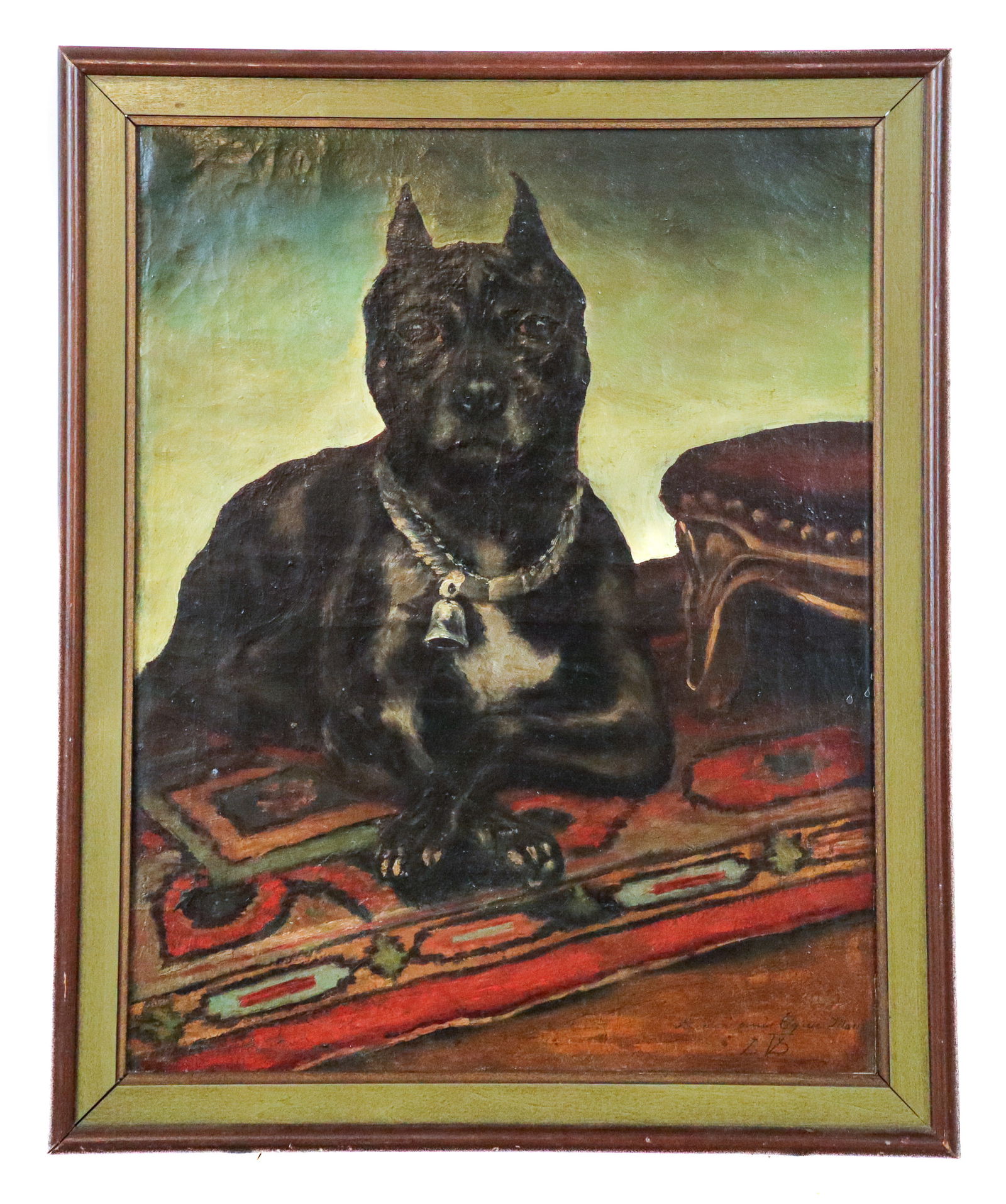 Oil on Canvas Still Life of a Boxer Dog: Oil on canvas still life of a boxer dog, mid-20th century, likely French, signed LVS to lower right with an inscription "A mon ami Egide Maes", in a frame. [Framed: 20.75" H x 17" W]. Condition is goo