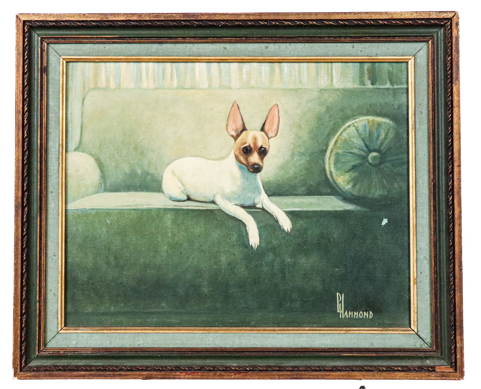 P Hammond Oil on Canvas Still Life of a Chihuahua: Oil on canvas still life of a chihuahua, circa 1920s, signed P. Hammond to lower right, in a frame. [Framed: 18" H x 22.25" W]. Condition is good with craquelure and an area of loss to right side lowe