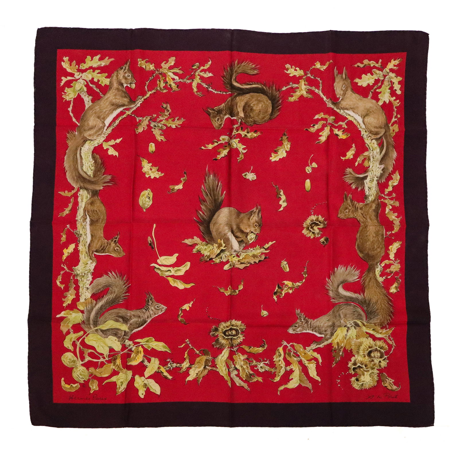 Hermes "Les Ecureuils" Silk Maxi Scarf: Hermes "Les Ecureuils" silk maxi scarf designed by Xavier de Poret, signed and marked Hermes Paris, [35" Square]. Condition is good with some fading. From the Collection of Sue and Cliff Freeman.
