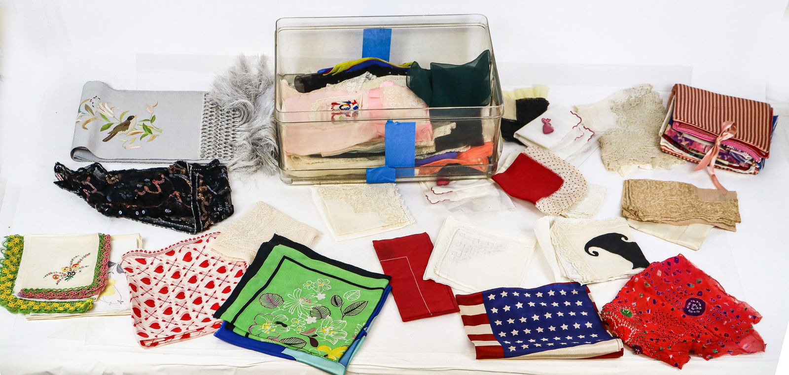 Large Group of Handkerchiefs and Pocket Squares: Large group of handkerchiefs and pocket squares, 19th-20th century, comprising silk, cotton, embroidered, hand-made lace, and machine lace articles. Condition throughout is good with some age-commensu