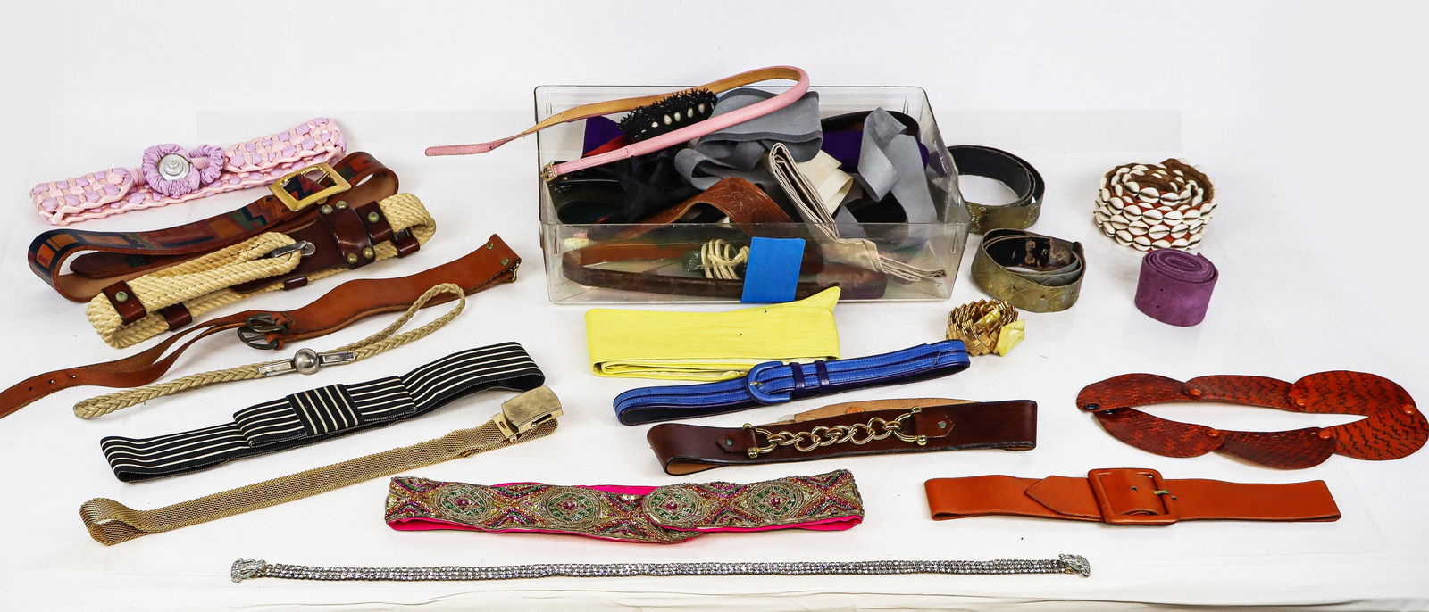 Vintage Leather and Other Belts, 32: Vintage leather and other belts, comprising two La Mendola belts (a blue and purple leather belt and a green suede belt), an Etienne Aigner leather and rope belt, a hand-painted leather belt signed Su