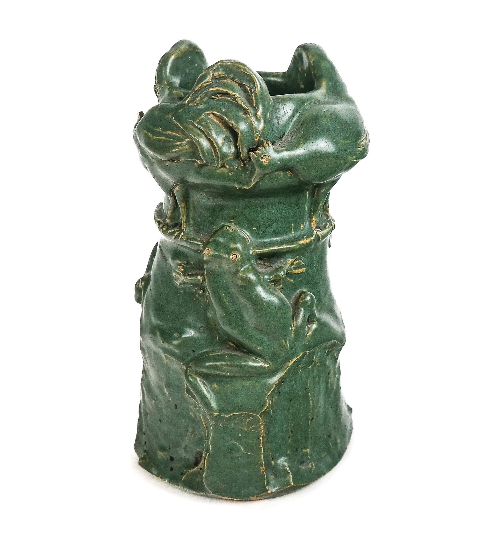 Outsider Art Pottery Vase with Chickens and Frogs: Outsider art pottery vase, American, Arts and Crafts period, 19th /early 20th century, with chickens to upper, and side decorated with frogs, in an organic form, unmarked. [10" H x 5.5" Diameter]. Con