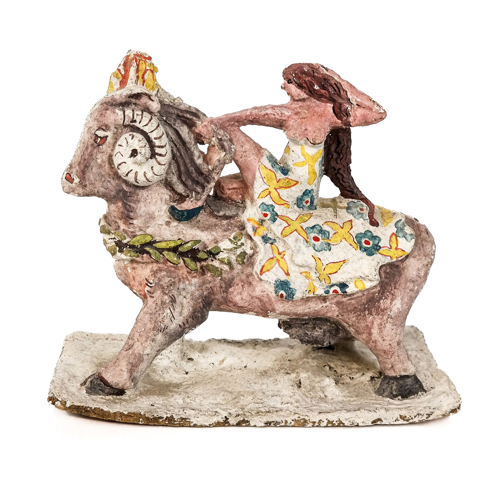 William STEVENS Papier Mache of Helle on a Ram: William H. Stevens (American, b. 1924) papier mache figure of Helle riding a ram, on an affixed base, unsigned. [7.5" H x 8.5" W x 3.5" D]. Condition is good with wear and a loss to tail, piece likely