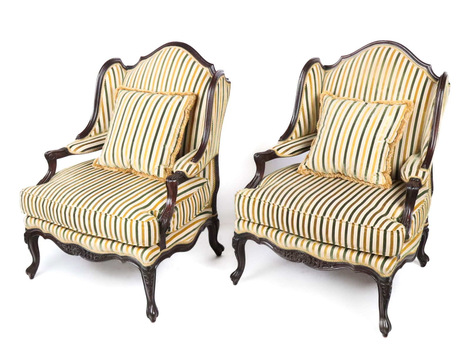 Vanguard Pair of Louis XV Fauteuils ? Oreilles: Pair of Louis XV upholstered fauteuils ? Oreilles, 20th century, made by Vanguard Furniture company with a carved frame and striped upholstery, marked Vanguard to underside, and Wernermeier Ent.
