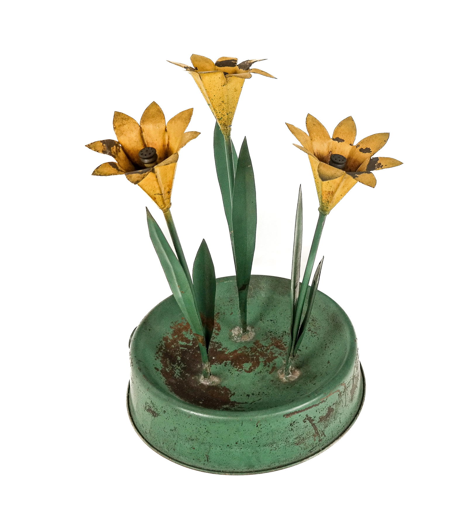 Tole Painted Fountain with Daisies: Tole-painted fountain with daisies, circa 1940, with a green base, hose hookup to one side, and three daisy form sprinklers to center. [13.5" H x 11" Diameter]. Condition is good with surface losses