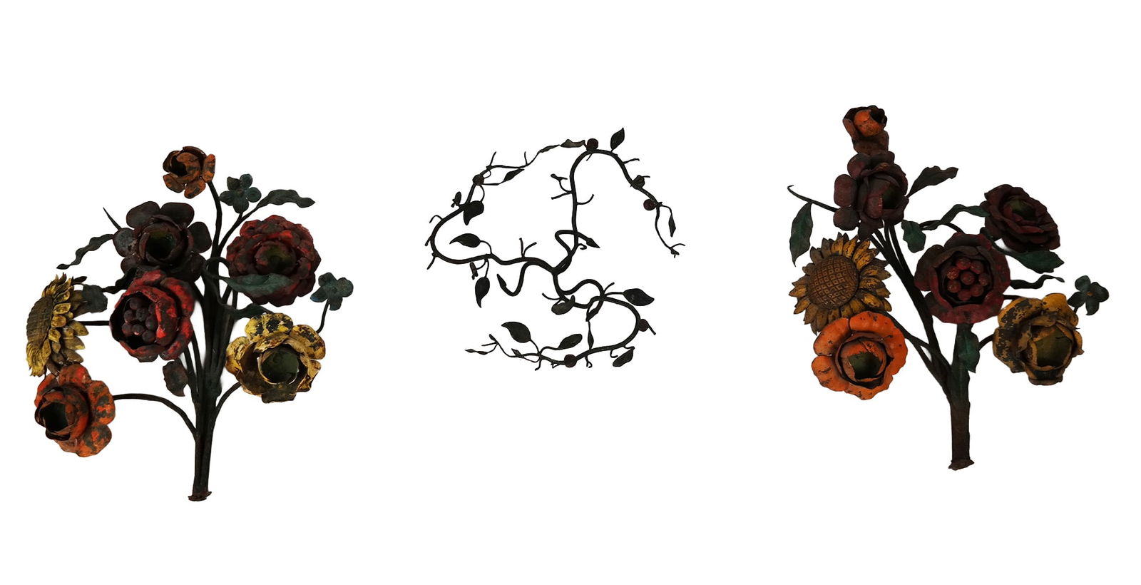 Two Floral Painted Cast Iron Appliques, & a Stand: Two floral painted cast iron appliques, American early 20th century, together with an unrelated painted marble stand with fruit decoration. [Appliques: 26" H x 24" W x 7" D]. Condition is good with