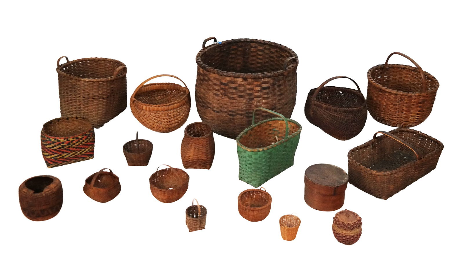 Group of Woven Baskets, 17: Group of woven baskets in various sizes, including some with handles, accompanied by a wooden box. [Largest: 19" H x 24" Diameter]. Condition as-is. From the Collection of Sue and Cliff Freeman.