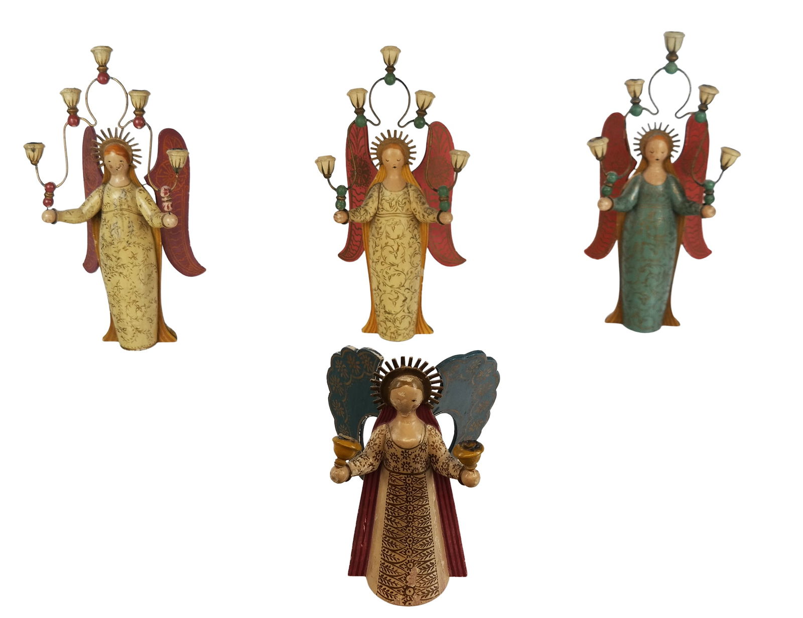 Wendt & Kuhn Painted Wood Angel Candelabrums, 4: Wendt & Kuhn collection of four hand-painted wood angel candelabrums, German, two 1919-1920, two later, two marked, two unmarked assuming paper labels have been removed. [Tallest: 14.25" H x 7" W x