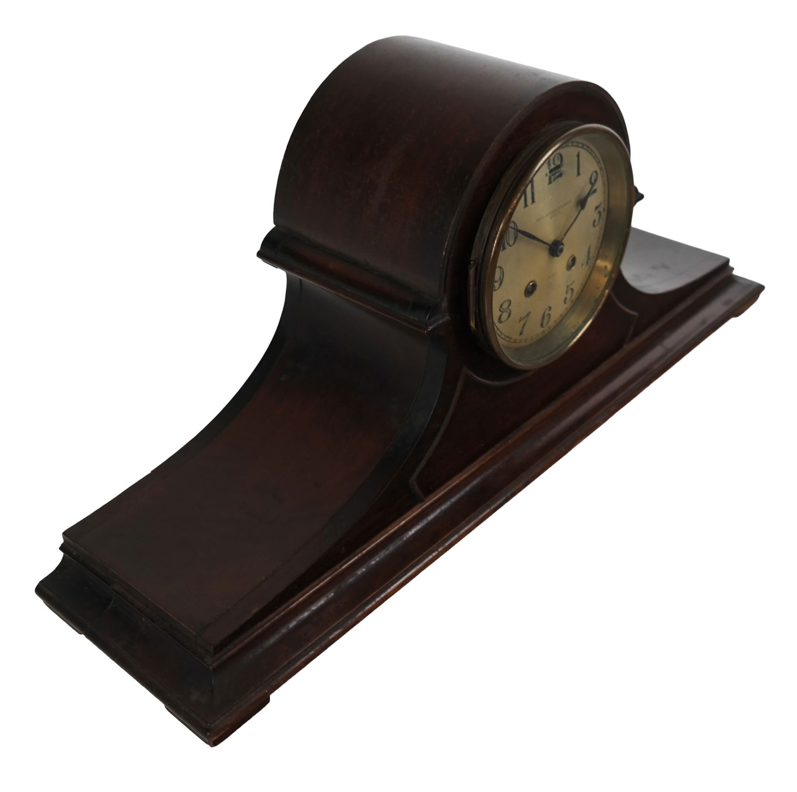 Smith Patterson Co Chelsea Mantle Clock: Smith and Patterson Co. mantle clock, American, Boston, 19th century, with a mahogany case, and works by Chelsea Clock Co. marked Smith Patterson Co. and Chelsea to face and reverse. [10" H x 22.5" W