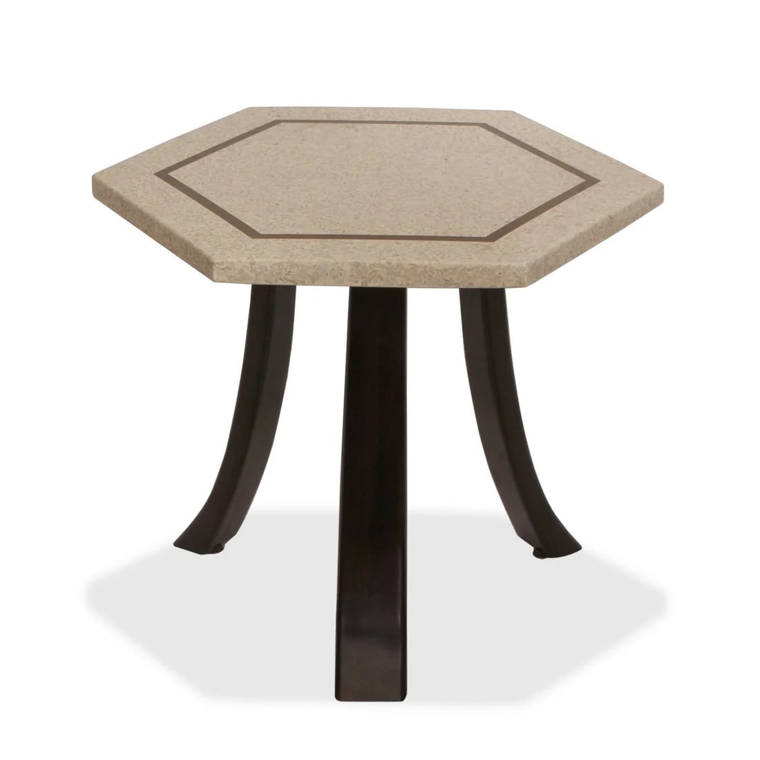 Harvey Proper Terrazzo, Brass and Stained Wood Sid: Harvey Proper terrazzo, brass and stained wood hexagon side table, unmarked. [17" H x 22" Diameter]. Overall condition is good.