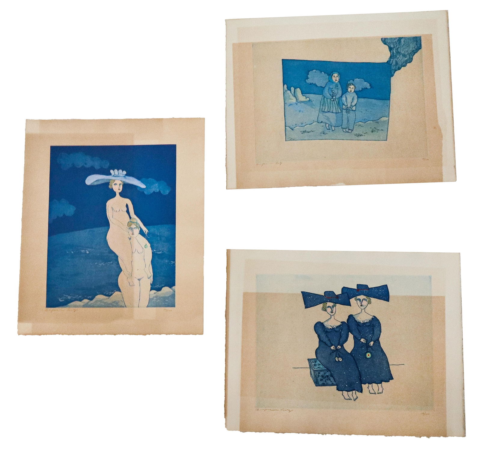 Benjamin LEVY Three Aquatints: Benjamin Levy (Israeli/American b. 1940) three aquatints: Mother and Child at the Sea Fantasy, pencil signed and numbered in margin [Sheet: 17" H x 20.75" W]; Naked Ladies by the Sea, pencil signed an
