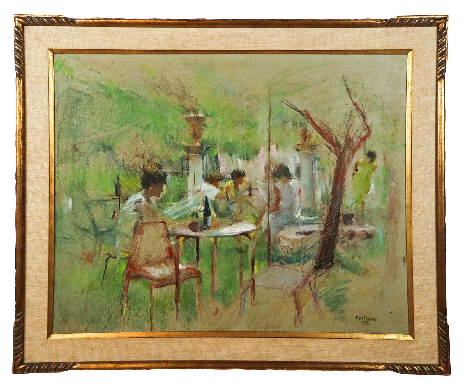 Enrico FELISARI Oil on Canvas Cafe Scene: Enrico Felisari (Italian, 1897-1981) oil on canvas cafe scene, 1966, signed E. Felisari to lower, and inscribed to verso in Italian and Arabic, in a gilt frame. [Framed: 29" H x 35" W ]. Condition is