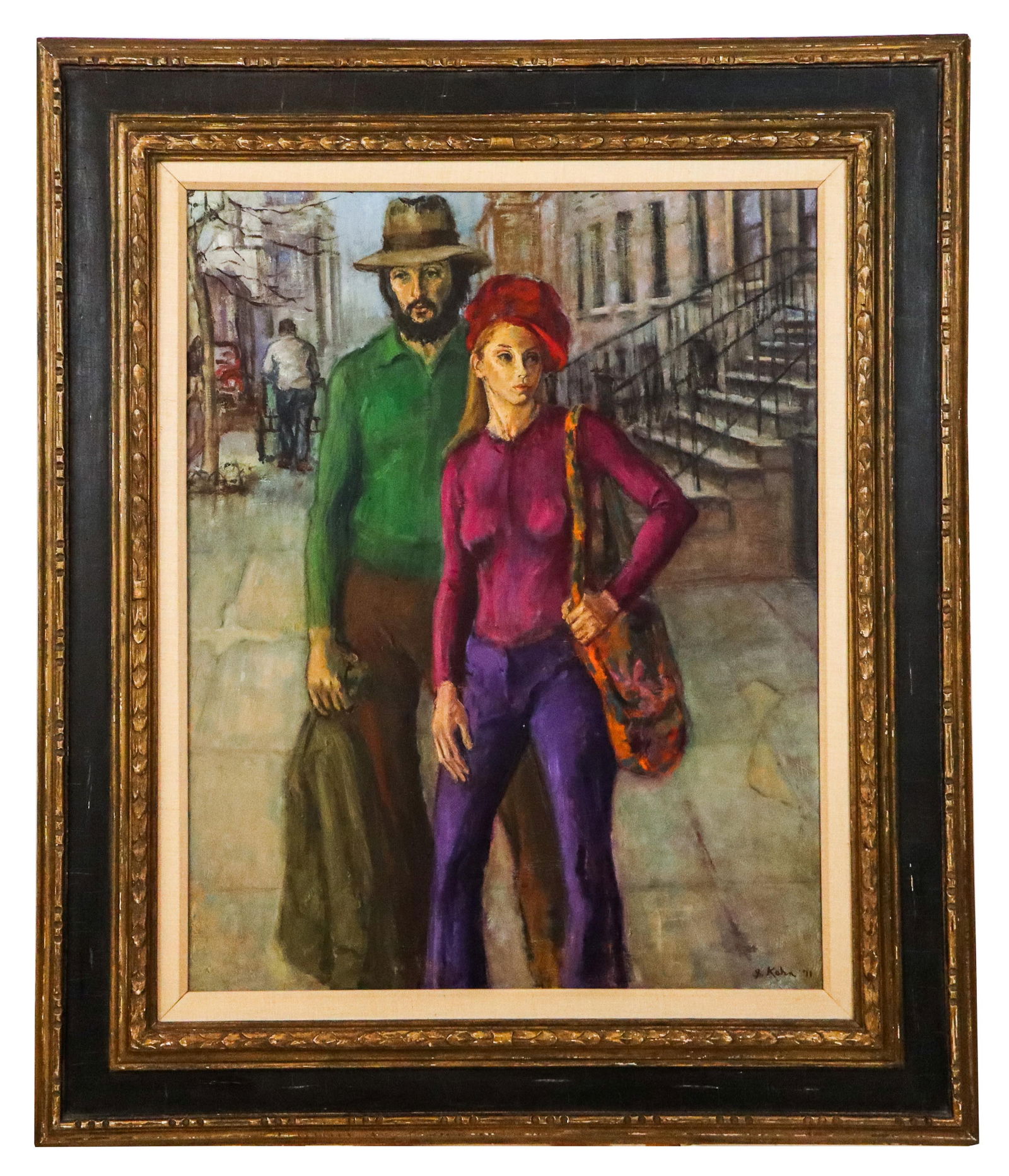 Susan KAHN "Steet Scene II" Oil on Canvas: Susan Kahn (American, 1924-2010) "Street Scene II" figural oil on canvas in a frame, 1971, signed S. Kahn to lower right with the date, and with an ACA Gallery and New York Cultural Center Label to re
