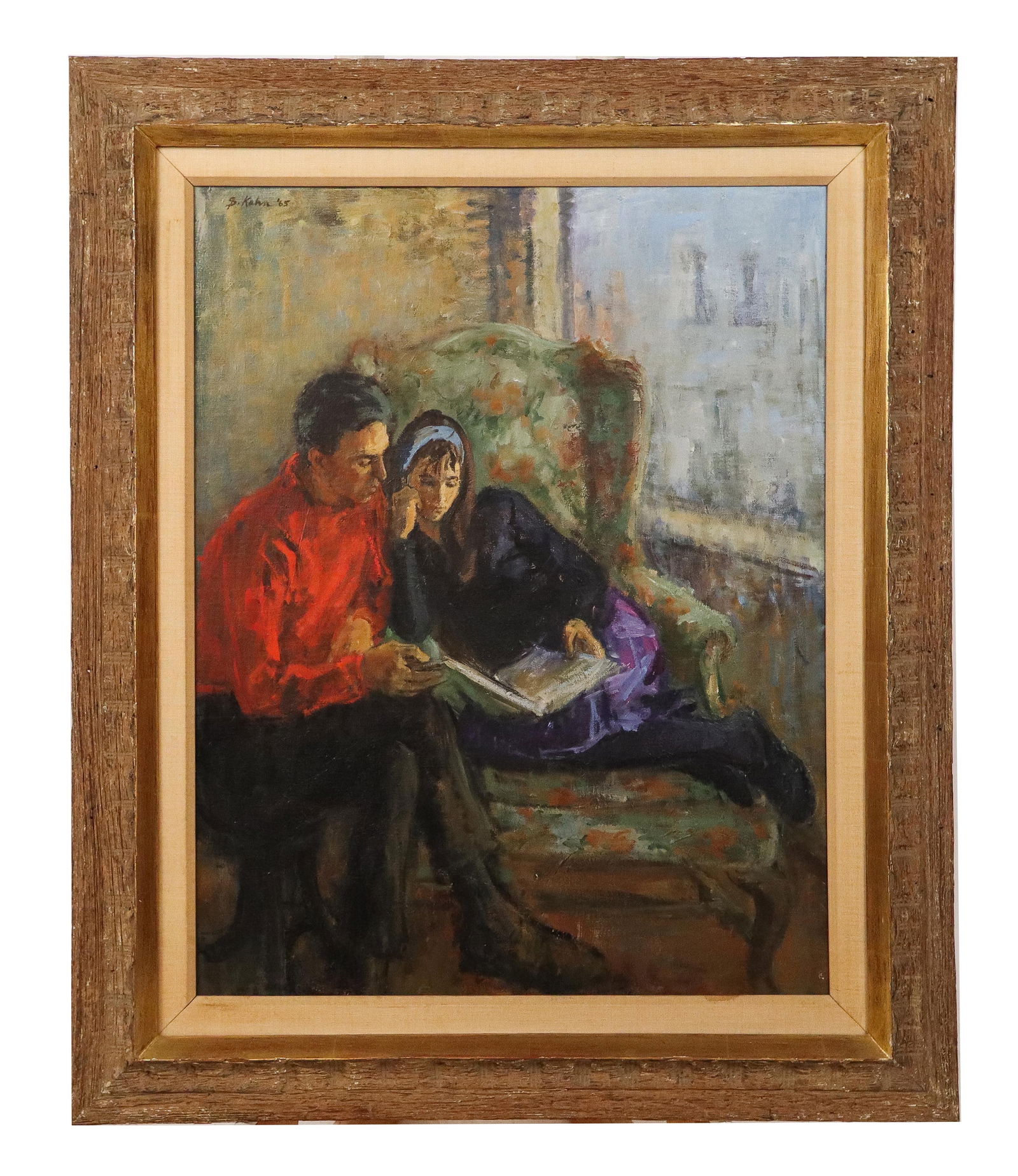 Susan KAHN "Reading" Oil on Canvas: Susan Kahn (American, 1924-2010) "Reading" oil on canvas, 1965, with a partial ACA Gallery label to verso, in a Heydenryk frame; featured in the ACA Gallery Travelling Exhibition, 1973-74, shown at th