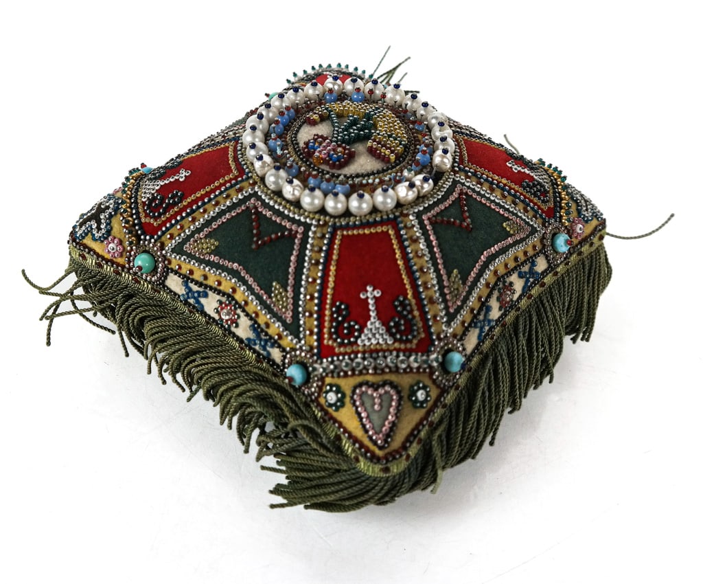Victorian Folk Art Sweetheart Pillow: Victorian Folk Art sweetheart pillow, 1878 century, with hand beaded decoration and fringe border, marked "Made by Dad, 1978, J.S." to reverse. [6.5" Square]. Condition is good with some minor