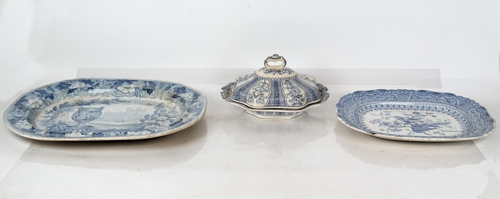 Two Staffordshire Serving Plates & a Covered Dish: Three articles of Staffordshire transfer decorated serve ware porcelain, England, 19th Century, comprising a Staffordshire "Greek and Etruscan Vases" transfer decorated serving plate, an "Asiatic Plan