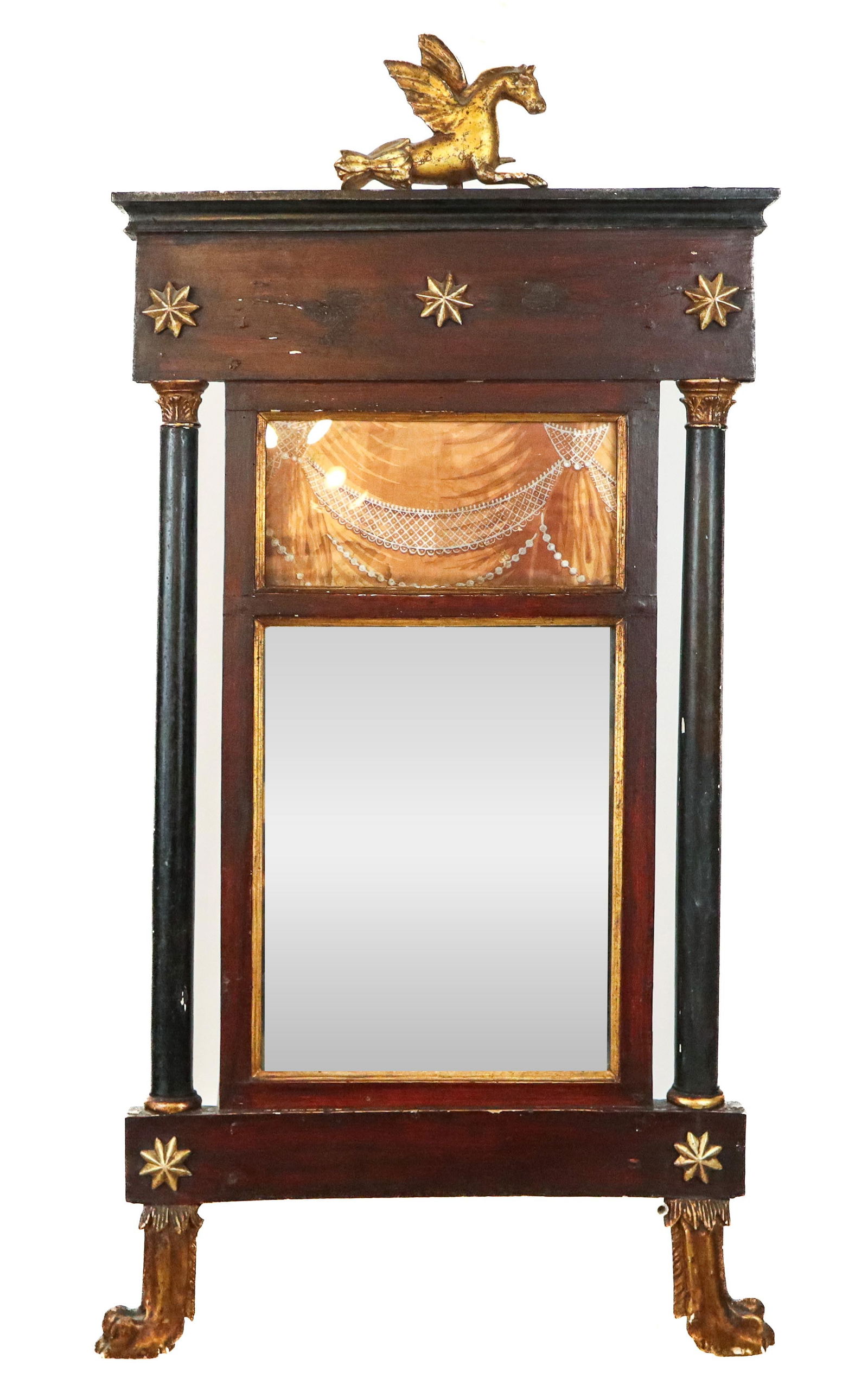 Neoclassical Mahogany and Gilded Mirror: Neoclassical Mahogany and Gilded Mirror, late 19th century, with gilded Pegasus surmount, above a rectangular case with painted panel and mirror, flanked by a pair of black painted column, star