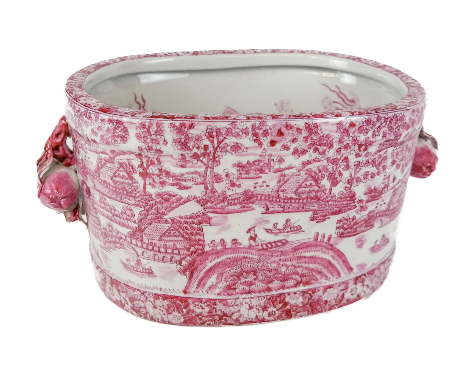 Chinese Famille Rose Fishbowl Jardiniere: Chinese export Famille Rose fishbowl jardiniere, 20th century, with elaborate hand-decorated landscape, figural, and architectural scenes to outer, with two pomegranate handles, and fish decoration