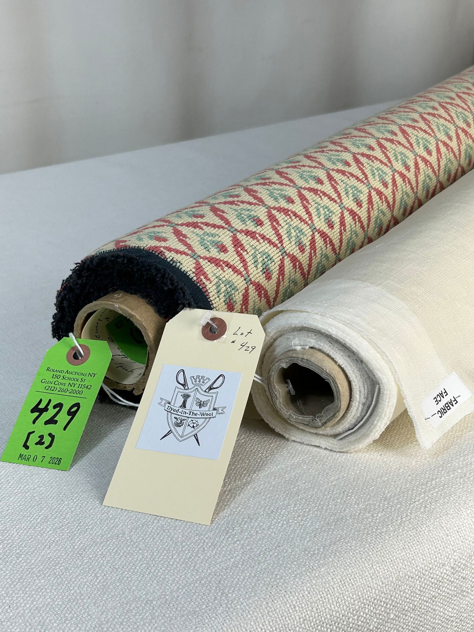 Zak & Fox Printed Linen And European Epingle Fabri: 1) 7 yards of Zak & Fox's special printed linen "Mustard Gold" panels, 54" wide. The two panels of 3 1/2 yards each are on one tube. The light gold color changes to a deeper gold as the fabric reaches