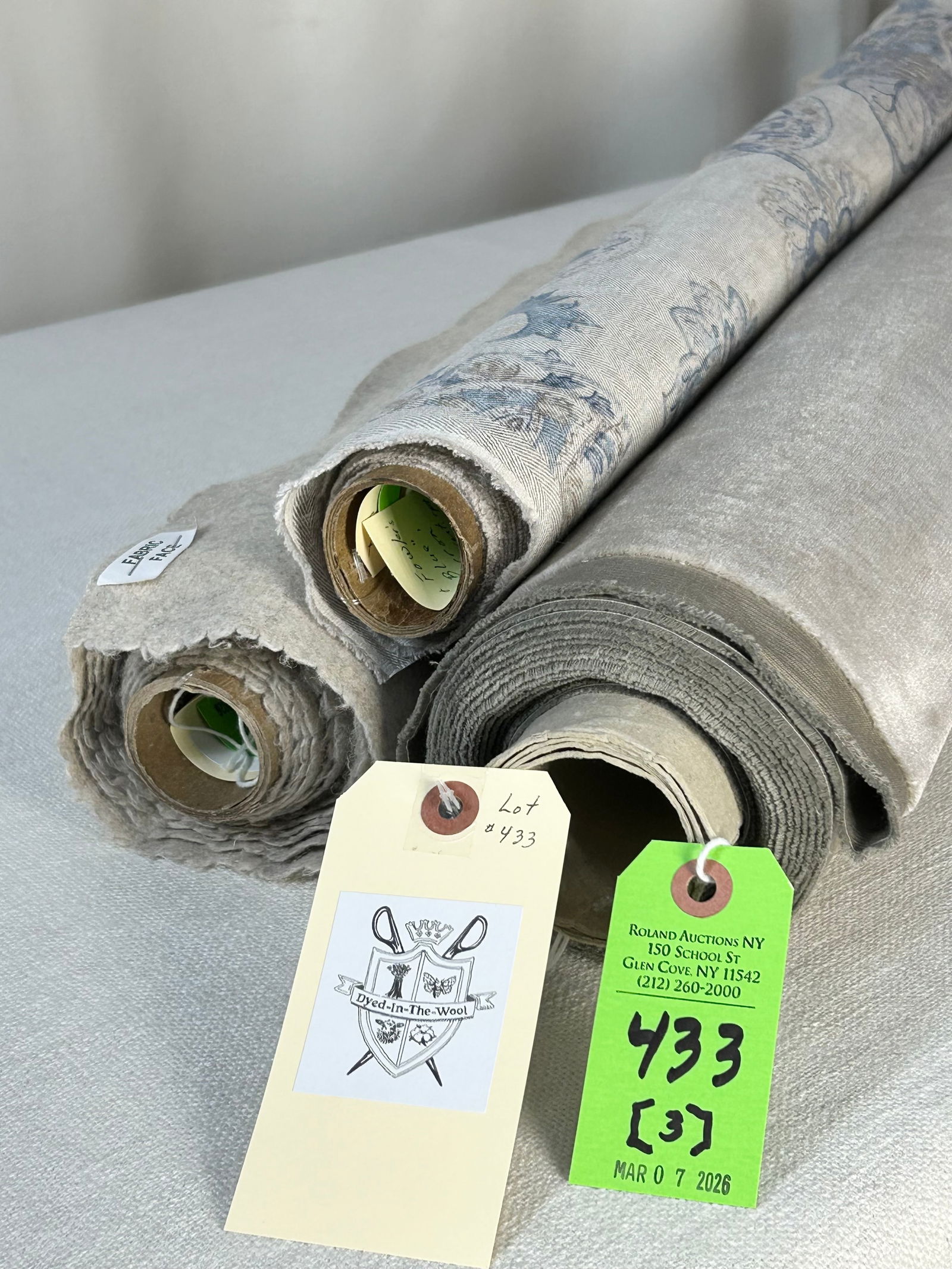 Colefax Print, Fret Silk Velvet and Heathered Wool: 1) 3 1/2 yards of Colefax & Fowler's "Cassius" paisley print in "Old Blue" on a linen chevron striped oatmeal ground, 53" width, with a seamed width of 52". The multi-purpose quality has a 32" vertica