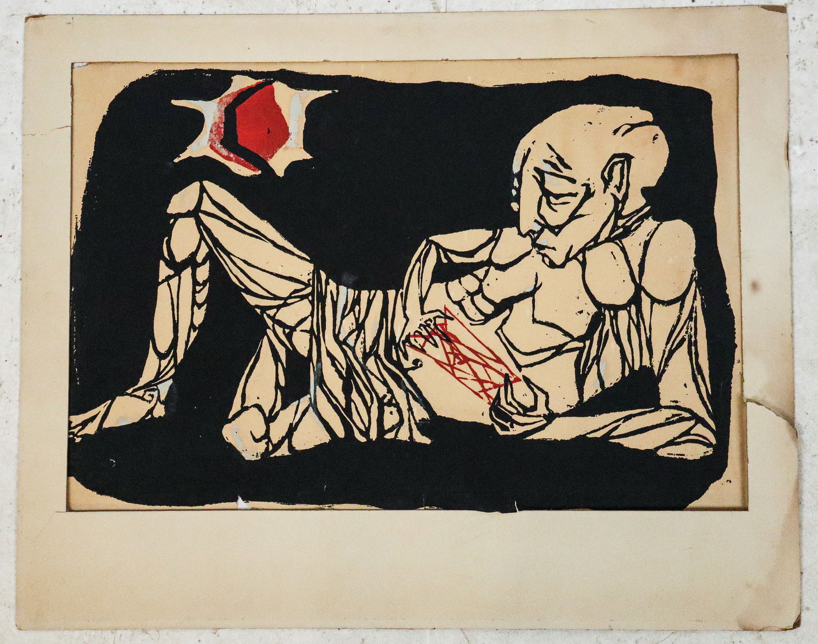 Attributed to Erich HECKEL "Tired" Colored Woodcut: Attributed to Erich Heckel (German, 1883-1970) Reclining Nude, colored woodcut in black, red and white, circa 1912, unsigned. [Sheet 12" H x 18" W]. Overall condition is fair, with rips and small area