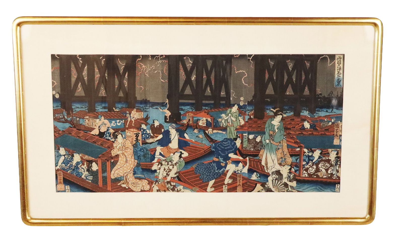 Utagawa KUNIYOSHI - Japanese Woodblock Triptych: Utagawa KUNIYOSHI - Japanese Woodblock Triptych Print - "Fireworks at Ryogoku Bridge" being watched by pleasure seekers in boats on the river. 3 pages lined up to present scene. Brilliant colors, each