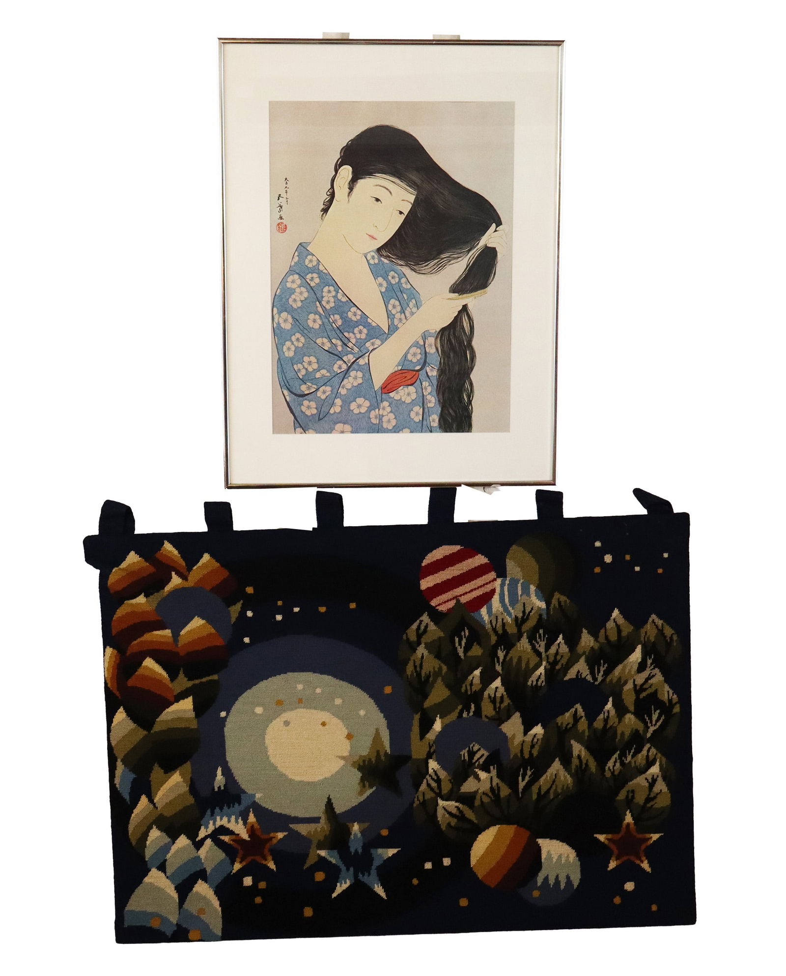 Modern Tapestry and Picture of a Japanese Girl: Needlepoint tapestry of a moon and sub moons, and trees. [27" H x 37" W] and a Framed Picture (reproduction of a Japanese Girl [Frame: 27" H x 21" W]. Good condition, no issues. From the Estate of Den