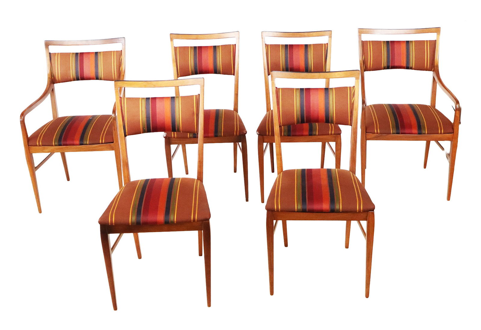 Directional by Calvin Manner MCM Dining Chairs, 6: Directional by Calvin manner six mid-century modern dining chairs with striped upholstered seats and backs, unmarked. [35" H x 21.5" W x 18" D, 18" Height to seat]. Wear to upholstery and frames.