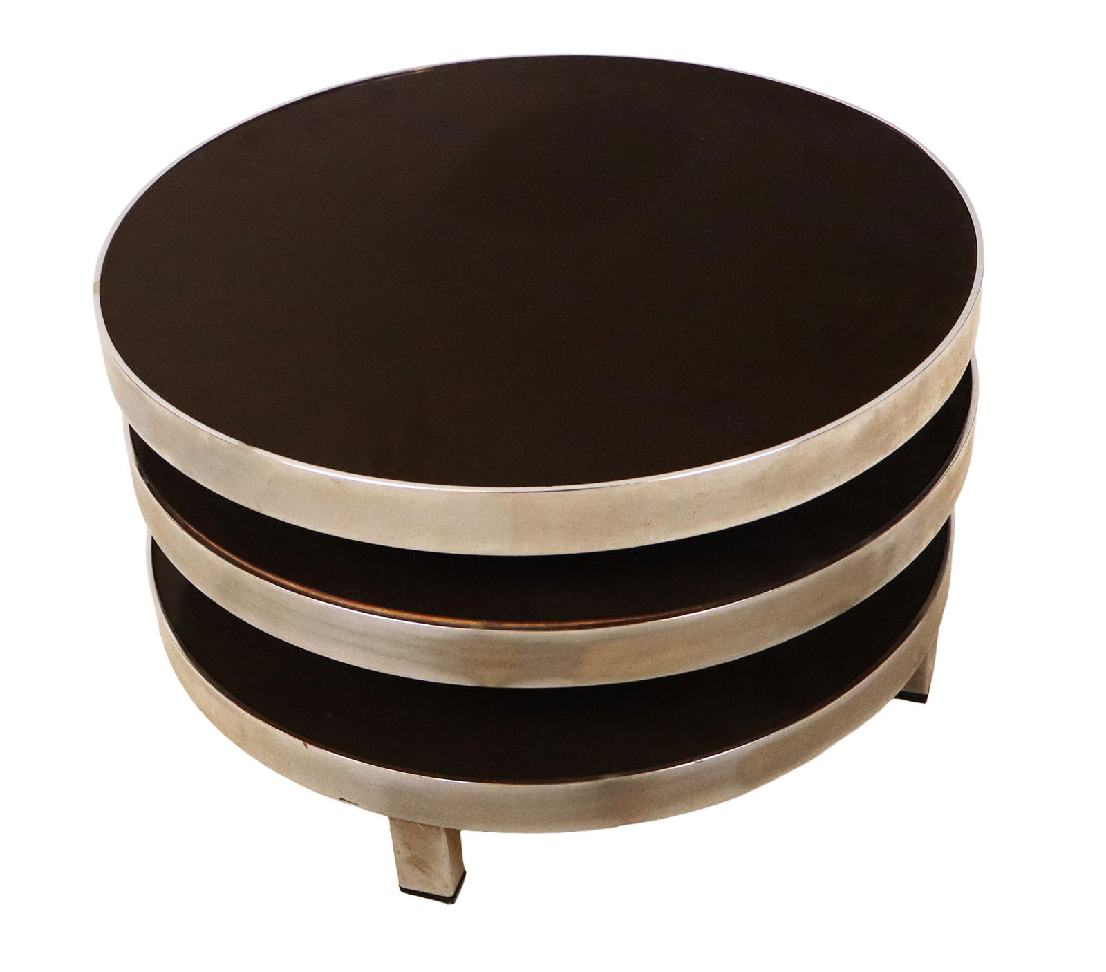 Maison Mercier Manner Modern Coffee Table: Maison Mercier manner modern chrome and laminate three tier adjustable coffee table, unmarked. [14" H x 23.5" Diameter].