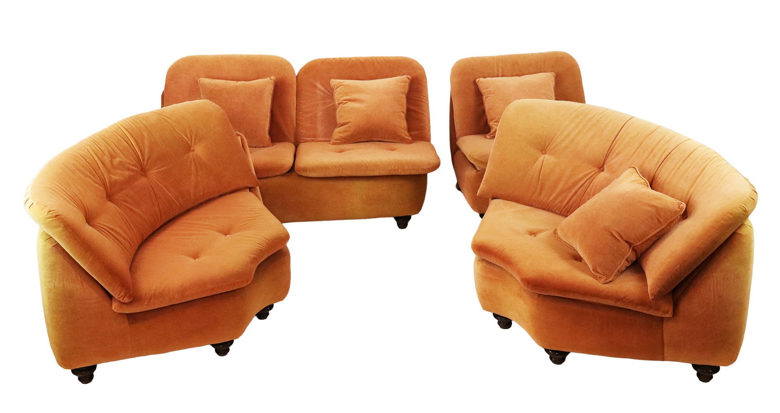 Directional Furniture Four Piece Sectional: Directional Furniture four piece sectional sofa, circa 1970, with burnt orange upholstery and black supports, accompanied by an invoice from Directional Furniture. [Two sections: 27.5" H x 51" L x