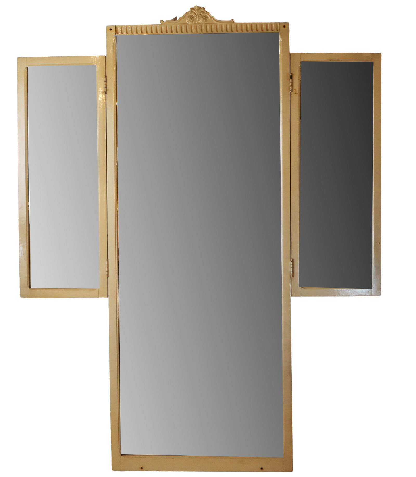 French Painted & Decorated Triptych Mirror: French painted and decorated three panel vanity triptych mirror, late 19th century. [Closed: 61.5" H x 24" W x 2.5" D, Opened: 61.5" H x 48" W x 2.25" D].