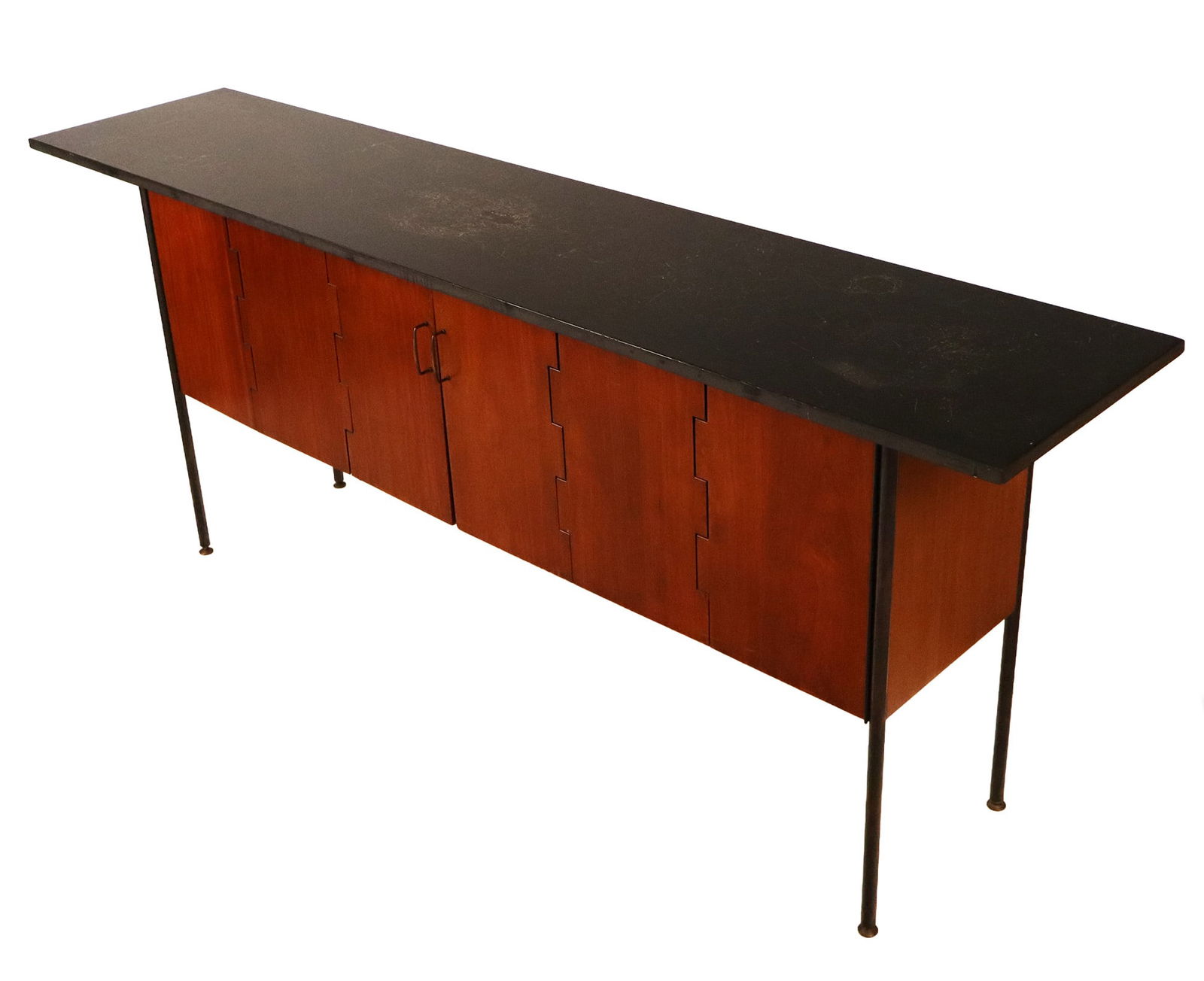 Milo Baughman Directional Sideboard: Milo Baughman for Directional mid-century modern walnut sideboard with accordion doors and black slate top. [Sideboard: 33" H x 66" L x 16" D, Slate Top: 1" H x 84" L x 18" D]. Case in good