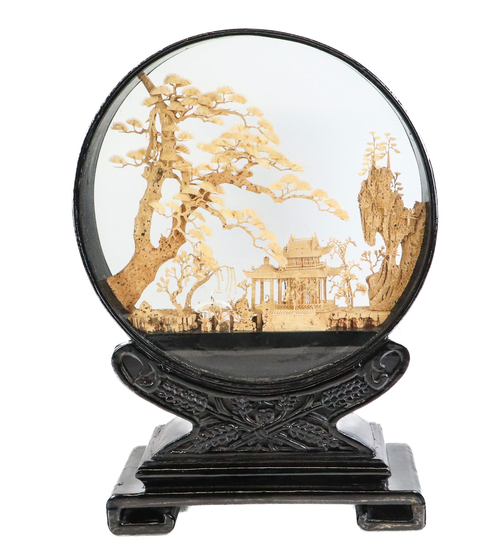 Chinese Carved Cork Diorama: Chinese carved cork diorama, 20th century, with cranes, in a black lacquered case with a carved support. [19.25" H x 12" W x 4" D]. Condition is good with some wear to case, including a split to wood