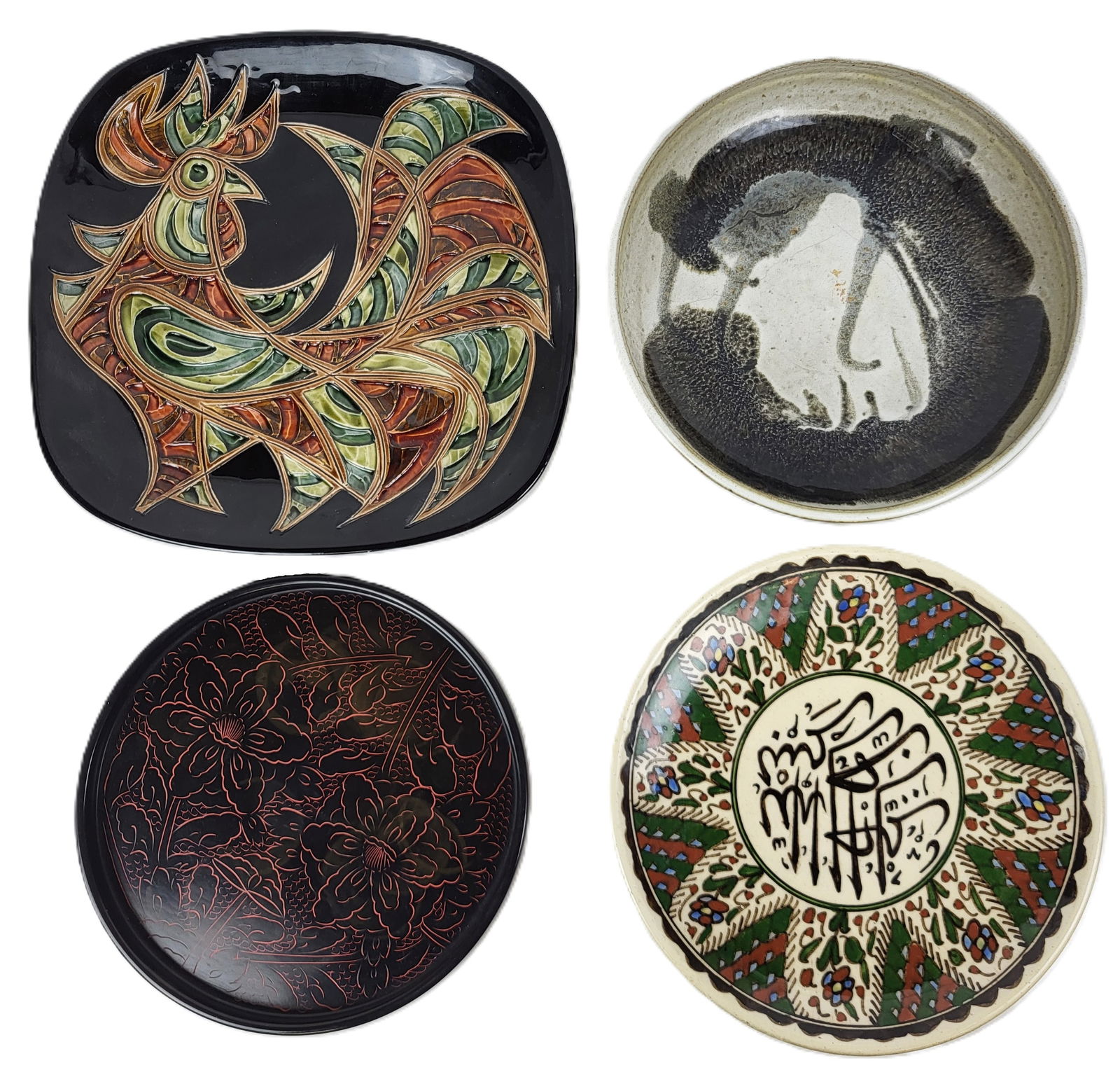 Studio Pottery and Other Decorative Serve Ware, 4: Decorative serve ware articles comprising an Avraham Gofer studio pottery plate with rooster, an Elinor Jensen studio pottery bowl, a hand-painted Turkish plate with Arabic inscription, and a lacquer
