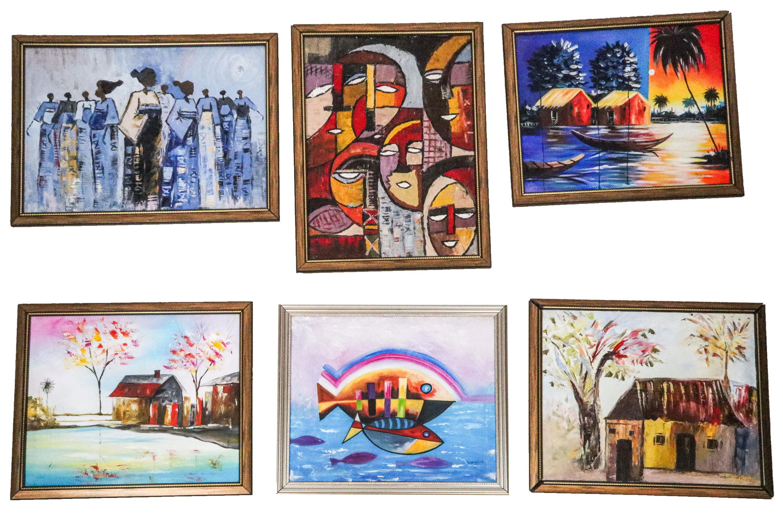 Bayo OGUNDELE: 6 Contemporary Abstract Paintings: Bayo Ogundele (Nigerian, b. 1949) collection of six framed contemporary oil on canvas paintings, including colorful landscapes with houses and three abstract compositions of figures and fish. Each sig