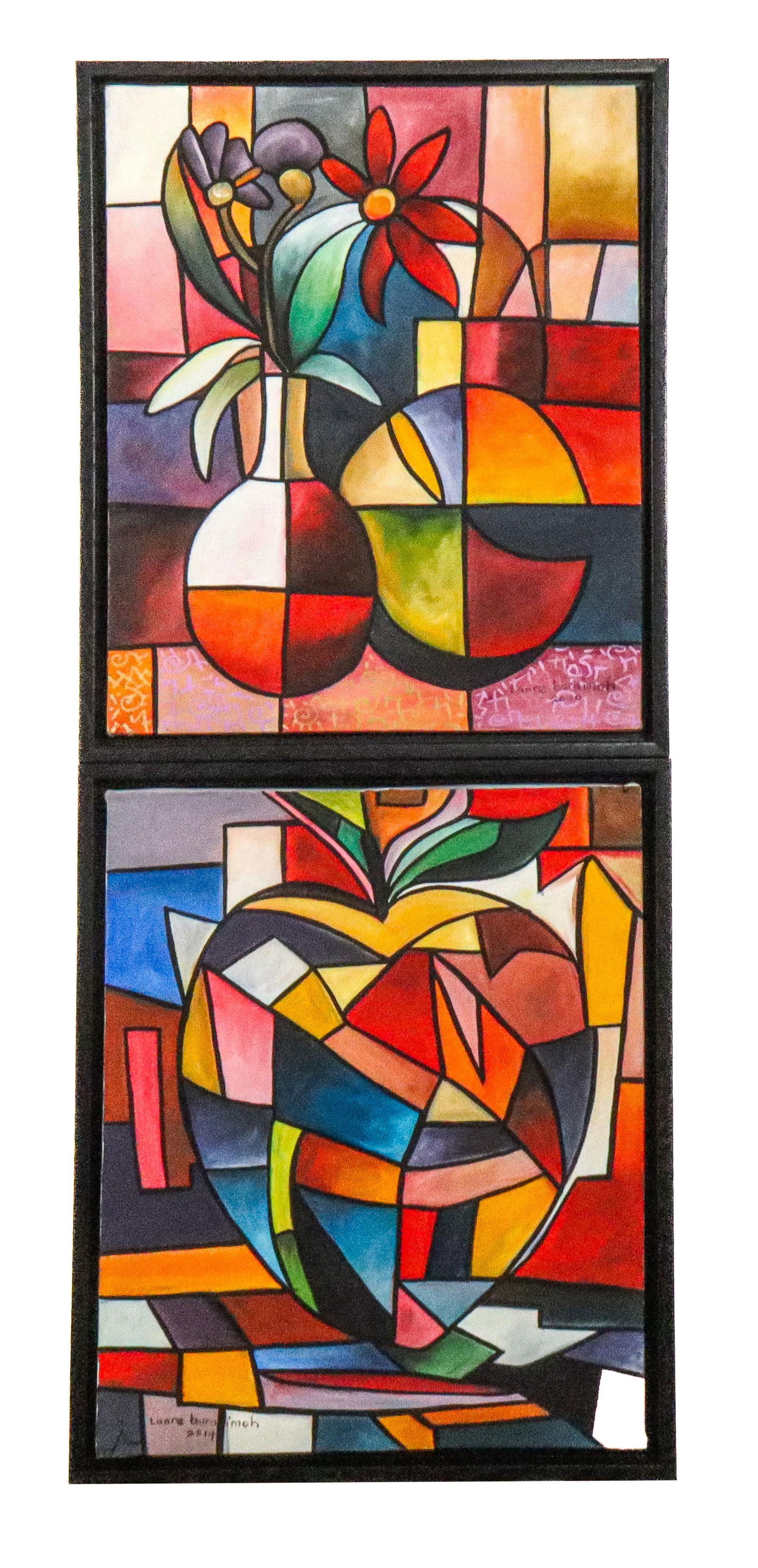 Lanre BURAIMOH: 2 Abstract Oil on Canvas Paintings: Lanre Buraimoh (Nigerian, b. 1976) pair of framed oil on canvas abstract paintings, including one of potted flowers, the other an apple. Each signed and dated lower right, 2014 (apple) and 2020