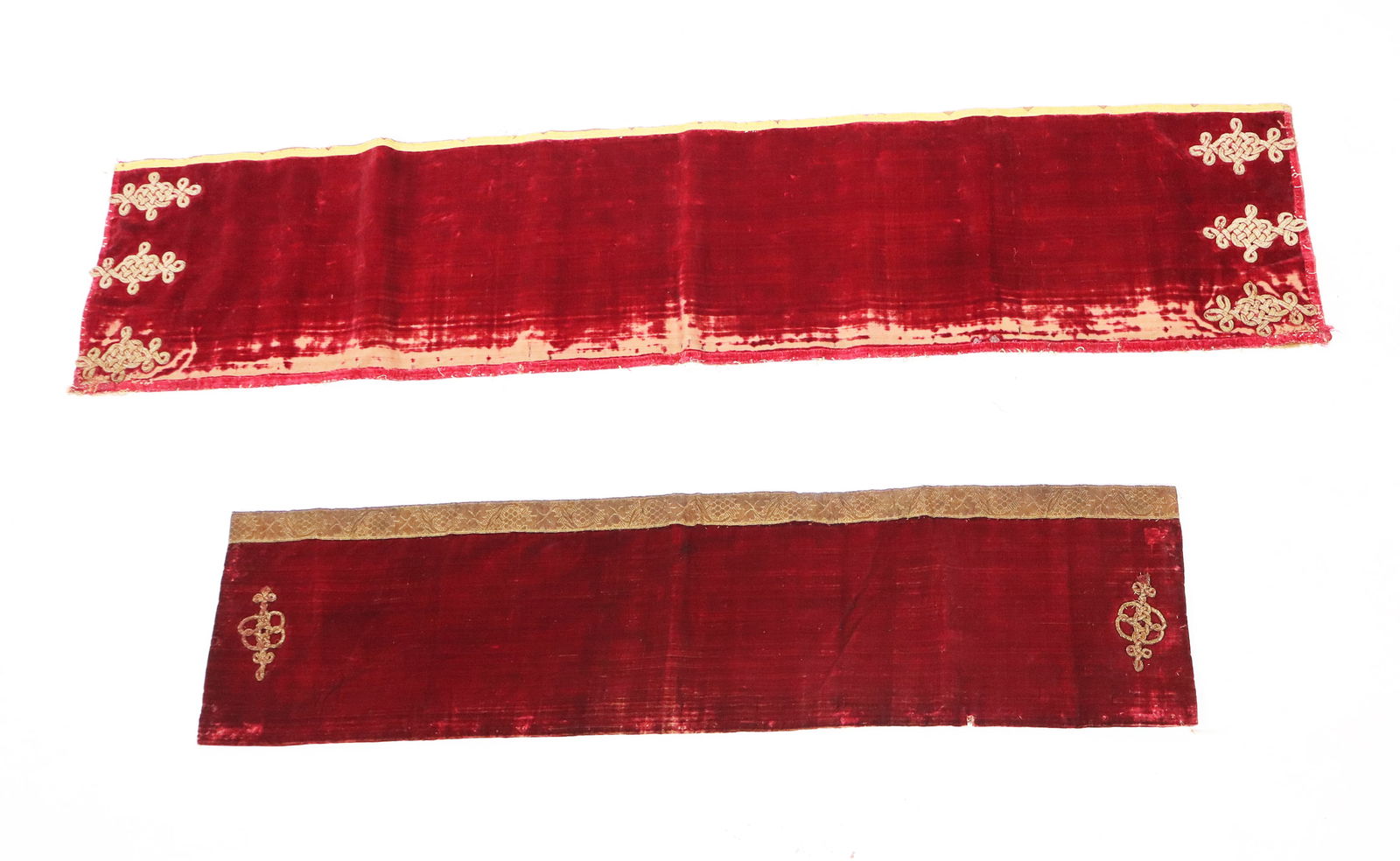 Renaissance Red Silk Velvet w/ Braided Metallic, 2: Two lengths of Renaissance red silk velvet with braided metallic passementerie, European, 17th century, comprising one with heavyweight linen lining, and one with cotton satin lining. [Linen lined: