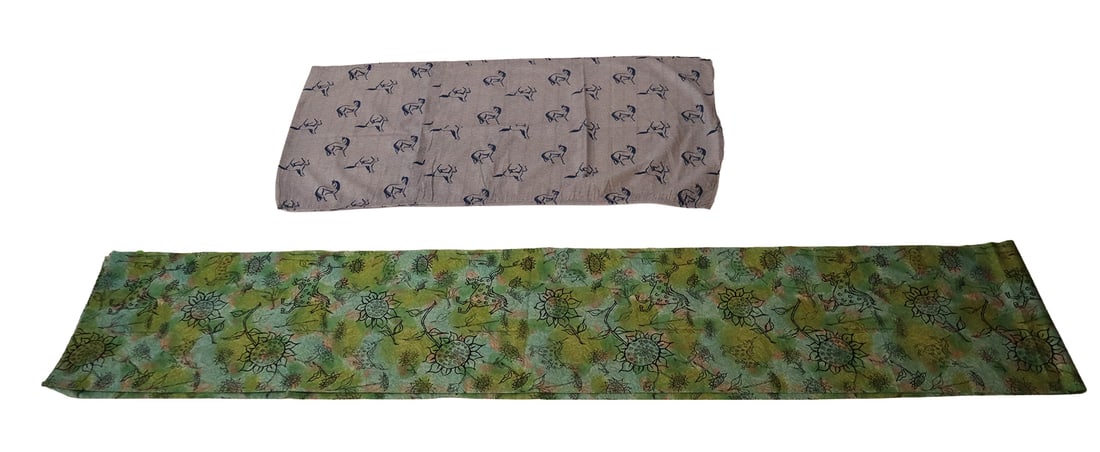 Associated American Artists Printed Cotton, 2: Two printed cotton panels designed by members of The Associated American Artists, 1953-54, including: three joined panels made into a curtain in the "Nipponponi" pattern by Louise Phillips, having