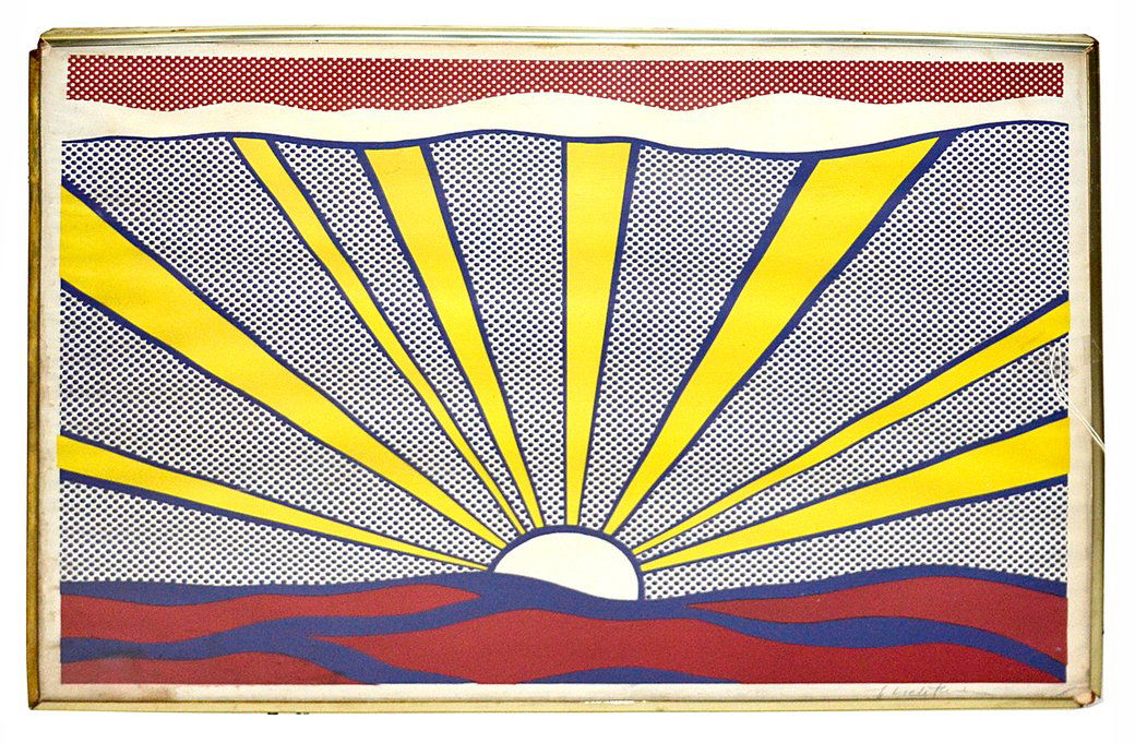 Roy Lichtenstein, Offset Lithograph - "Sunrise": Offset lithograph printed in three colors. Signed, "R. Lichtenstein" in pencil at bottom right margin. From an edition of unknown size on wove paper. Published by Leo Castelli Gallery. Image 17 1/4" x