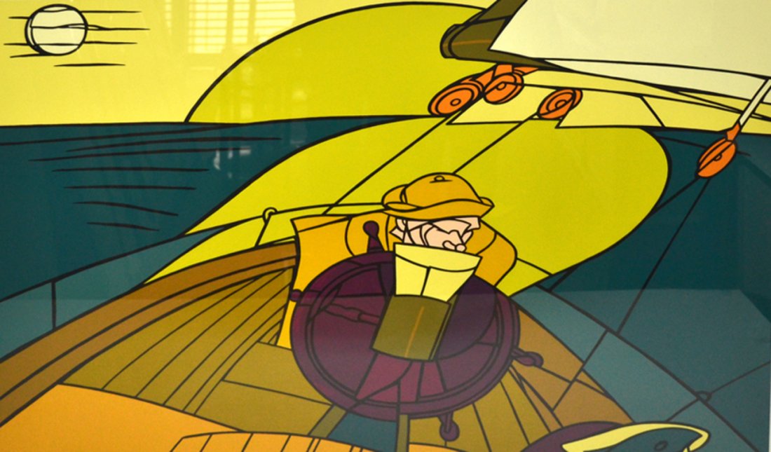 Valerio Adami, Lithograph - "Il Marinaio": Bold abstract graphic depicting a mariner behind his captains wheel. Numbered and signed in wide bottom margin "1/150 Asami". Bears circular "Arcay/France" dry stamp at bottom left. Art [26 1/2" x 36"