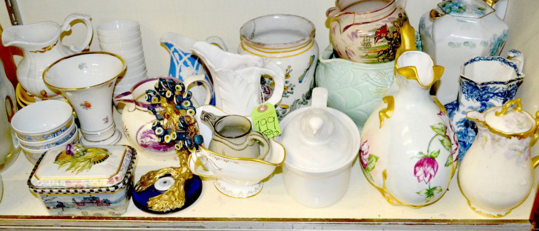 Assorted Antique and Vintage Ceramics: Comprises earthenware porcelain articles including: teapots, creamers, pitcher, cups, bowls and others. Makers include Booths, Arthur Wood, Staffordshire, Wolper and others.