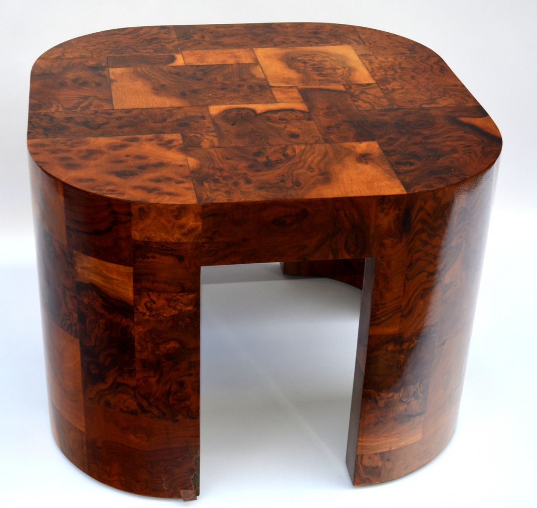 Paul Evans Burled Wood Side Table: Features contrasting burled walnut and maple veneer, round corners and curved legs. Signed "AN ORIGINAL, PAUL EVANS". [30" Sq. x 22 1/2" H].