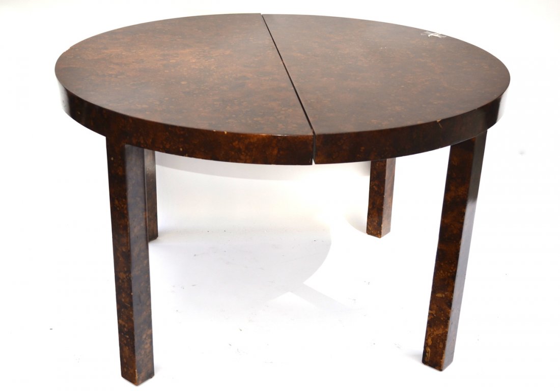 Modern Dining Table: Mid-century dining table with mottled brown and gold finish. Bears straight legs and three 15" wide leaves with apron sides. Open [78" x 48" x 29 1/4" high].
