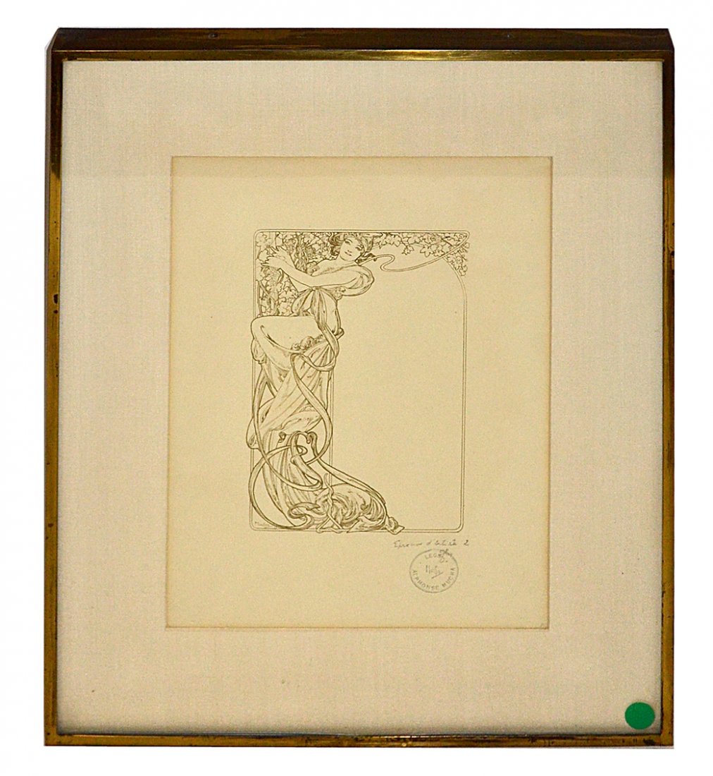 Alfonse Mucha, Lithograph - Design [Artist Proof]: Preliminary design Moet and Chandon menu. Inscribed in pencil at bottom right margin "Epreuve d'Artiste 2" with his son's signature "Jiri" and circular "Alphonse Mucha Legs" stamp. Art [8 1/4" x 5 1/2