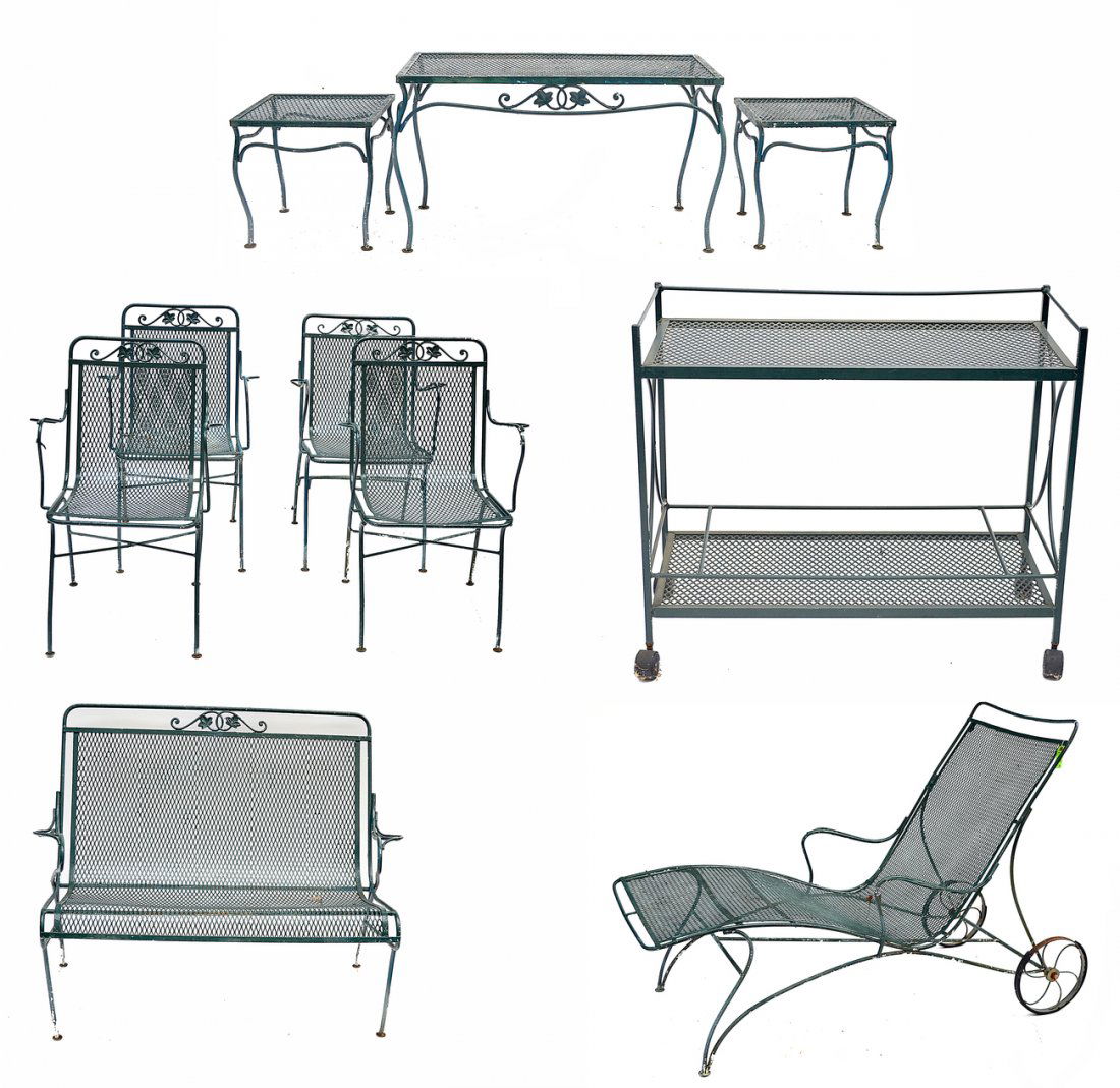 A Nine Piece Salterini Garden Suite And Other: Comprises: Chaise lounge; a settee; four armchairs; two side tables. Accompanied by a later two-tier bar cart. Wear consistent with use, all sold as is.