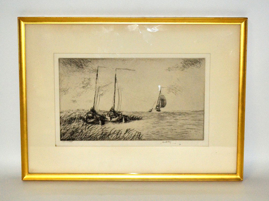 James McBey, Dry Point Etching - "Genemuder": Depicts two anchored sailboats and another with open sail in gale winds. Inscribed in-the-plate "...19 August 1923" and signed in bottom margin "XXXIII James McBey" in ink. Art [6 7/8" x 12"] on large