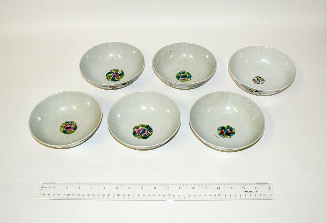 Six Vintage Chinese Glazed Earthenware Bowls: Hand painted bowls comprising a set of 5 with floral decor and a single with scholar figures. All bear a peach blossom at center. [6 1/3" D x 2 1/2" H].