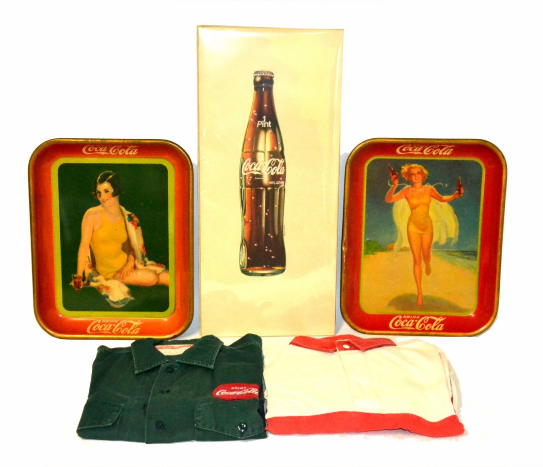 Coca-Cola Advertising Ephemera: Two Coca-Cola shirts [one green and one red and white], two metal decorated trays and a Philip Hays watercolor of a Coca-Cola advertisement.