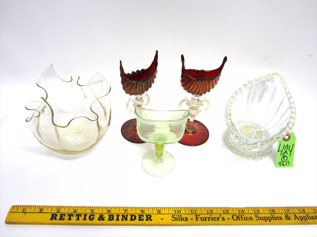 Five Venetian Glass Decorations: Pair of ruby vases, a shaped footed bowl, handkerchief vase, and a green vase.